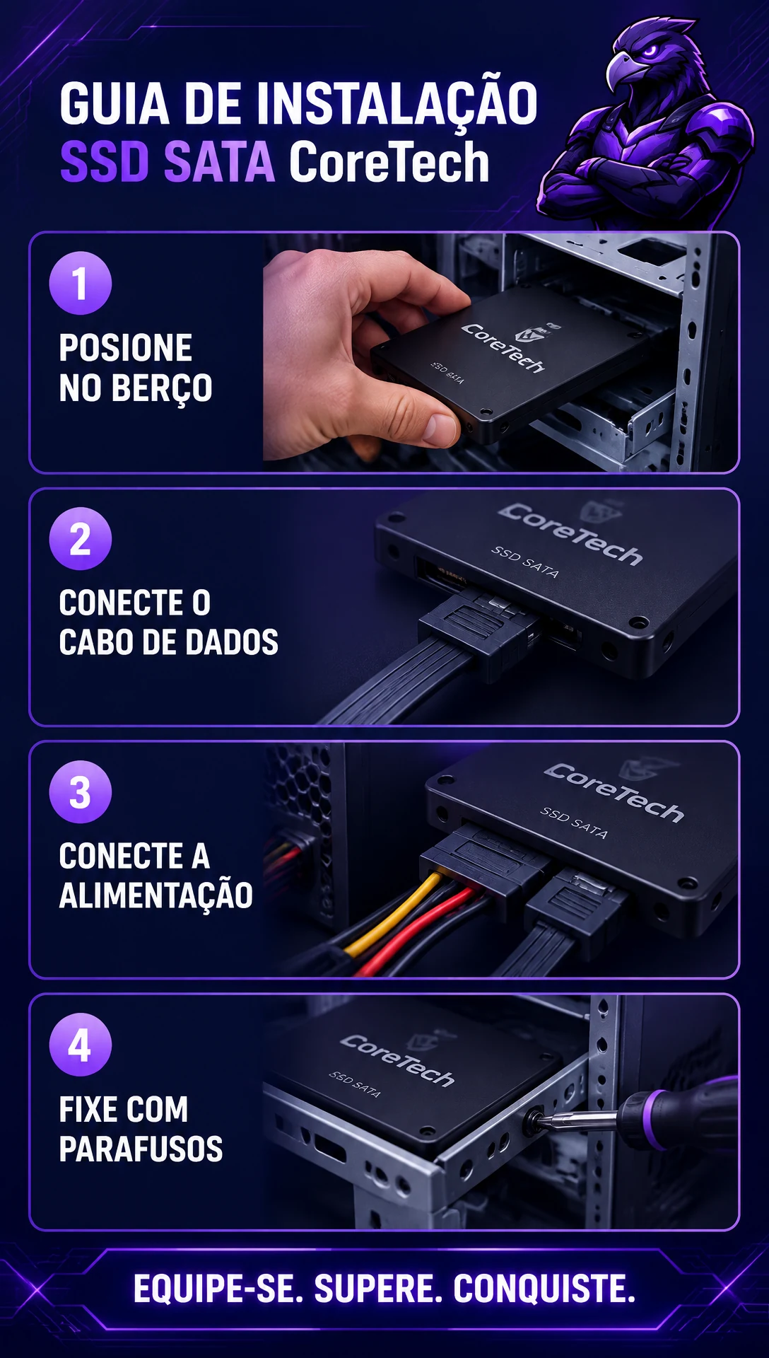 Guia ilustrado vertical CoreTech com quatro etapas para instalar um SSD SATA Vortex em computador desktop